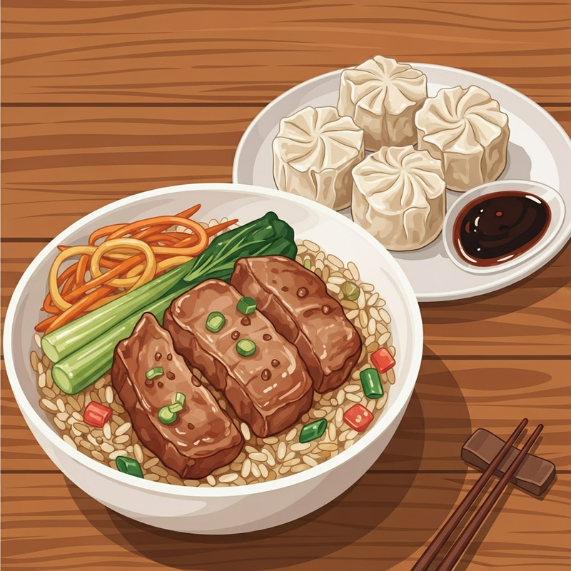 Hearty Pork Chao Fan with Siomai Vector - Delicious Asian Meal Hearty Pork Chao Fan with Siomai Vector - Delicious Asian Meal