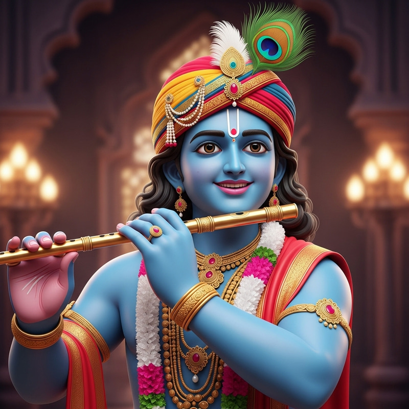 3D Render of Lord Krishna in Fabulous Clothing with a Joyful Smile