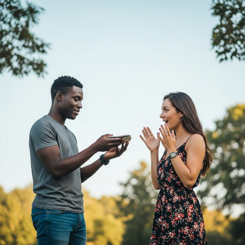 Serene Moment: Black Man Holding Object Before Woman Outdoors Serene Moment: Black Man Holding Object Before Woman Outdoors