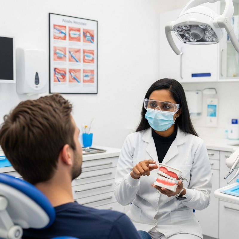 Discussion between South Asian Dentist and Caucasian Patient on Dental Hygiene Discussion between South Asian Dentist and Caucasian Patient on Dental Hygiene