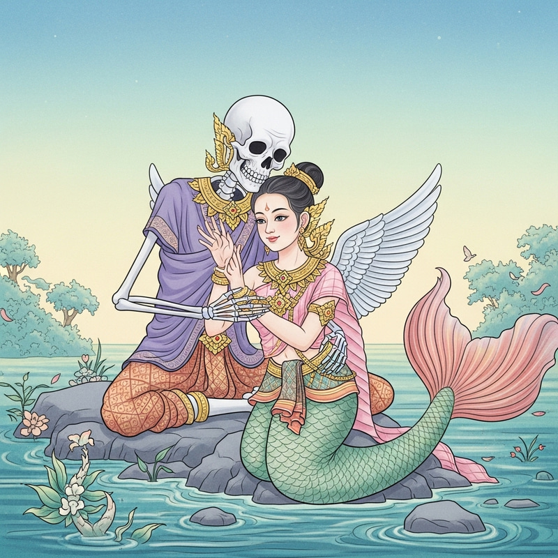 Thai Traditional Fine Art: Creepy Skeleton Grandpa Embracing Young Mermaid in Thai Clothing