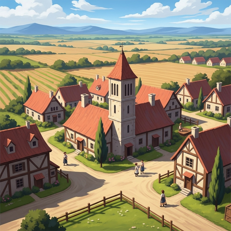 Idyllic Countryside Village in Pastel Colors