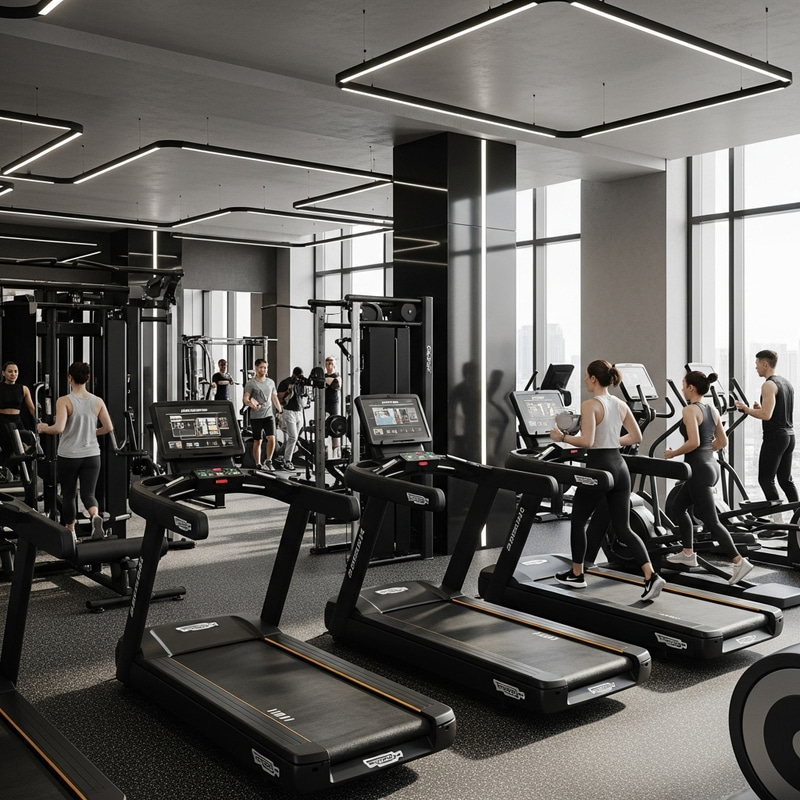 Sleek Gym Interior with Futuristic Fitness Equipment Sleek Gym Interior with Futuristic Fitness Equipment