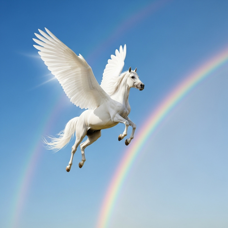 Majestic Pegasus Embarking on a Radiant Journey towards a Rainbow Majestic Pegasus Embarking on a Radiant Journey towards a Rainbow