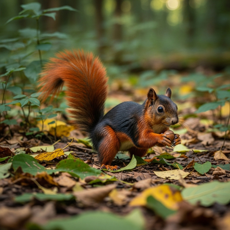 Vibrant Red and Black Squirrel in Lush Green Forest Vibrant Red and Black Squirrel in Lush Green Forest