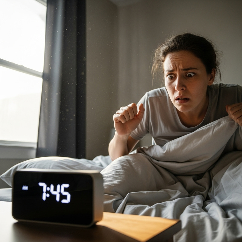 Person Rushing Out of Bed with Worried Look | Clock Watching Person Rushing Out of Bed with Worried Look | Clock Watching