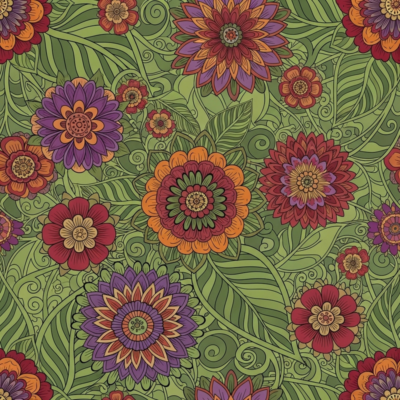 Boho Style Flower and Leaves Pattern in Purple, Orange, and Green Boho Style Flower and Leaves Pattern in Purple, Orange, and Green