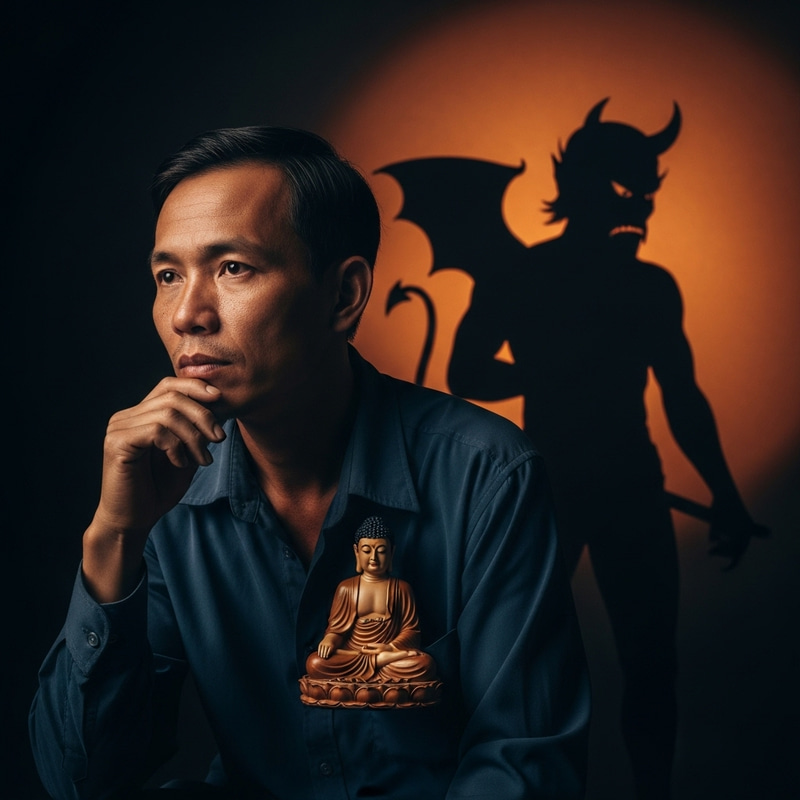 Vietnamese Man Contemplating Buddha and Devil Shadows Vietnamese Man Contemplating Buddha and Devil Shadows
