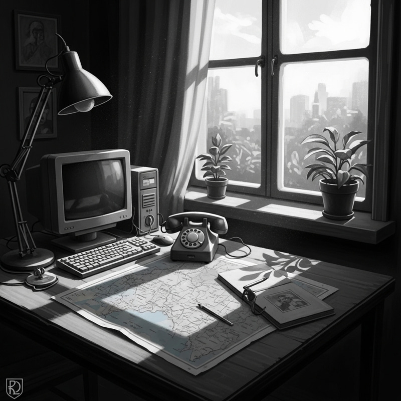 Vintage Black-and-White Poster: Computer, Telephone, Map - Chiaroscuro Style