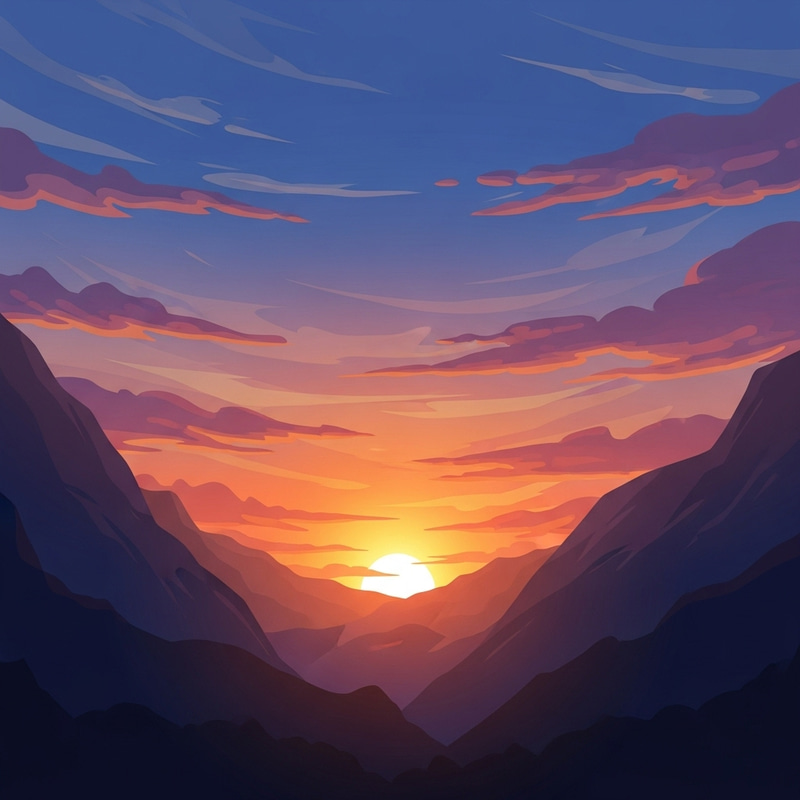 Sun Setting Behind Mountains | Cartoon Image Full of Tranquil Blend