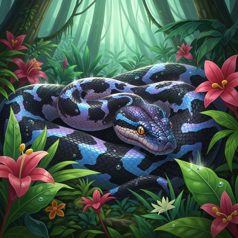 Anime-Style Python Illustration: Coiled Python in Lush Rainforest Anime-Style Python Illustration: Coiled Python in Lush Rainforest
