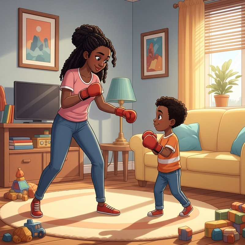 Cartoon: Young Black Mother Teaching 5-Year-Old Son Boxing Cartoon: Young Black Mother Teaching 5-Year-Old Son Boxing