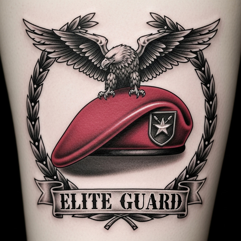 Black and White Military Logo Tattoo with Red Beret