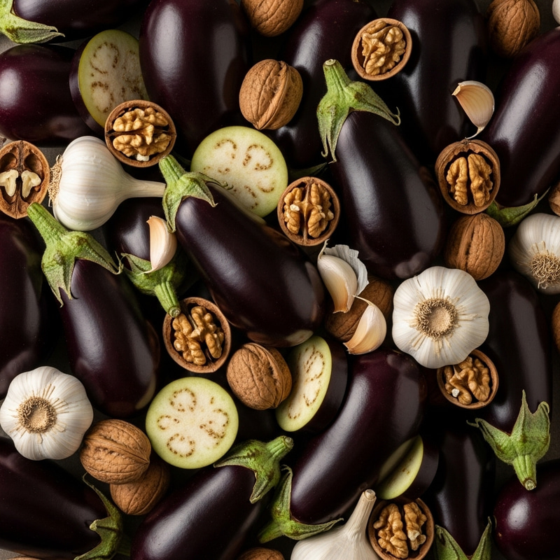 Eggplants with Garlic and Walnuts: Abstract Still Life Eggplants with Garlic and Walnuts: Abstract Still Life