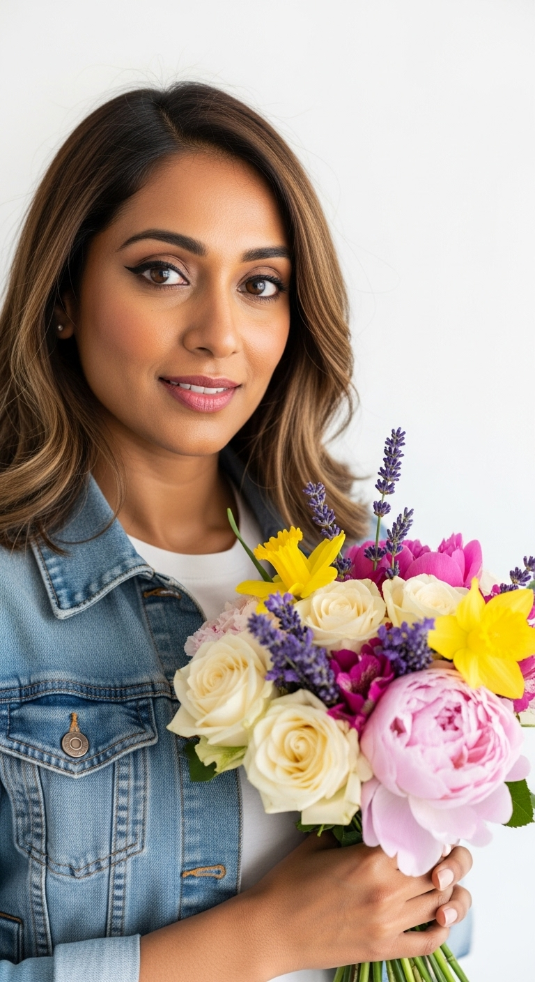 South Asian Woman Holding Bouquet of Flowers | White Background South Asian Woman Holding Bouquet of Flowers | White Background