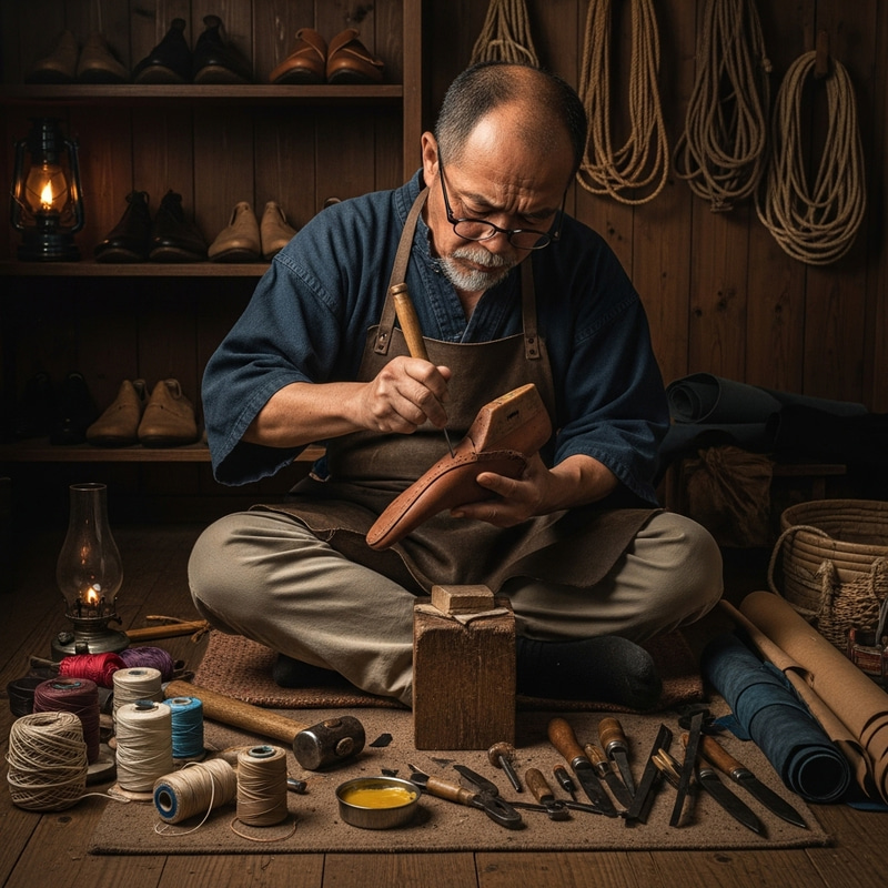 Crafting Leather Shoes: East Asian Cobbler Working with Dedication Crafting Leather Shoes: East Asian Cobbler Working with Dedication