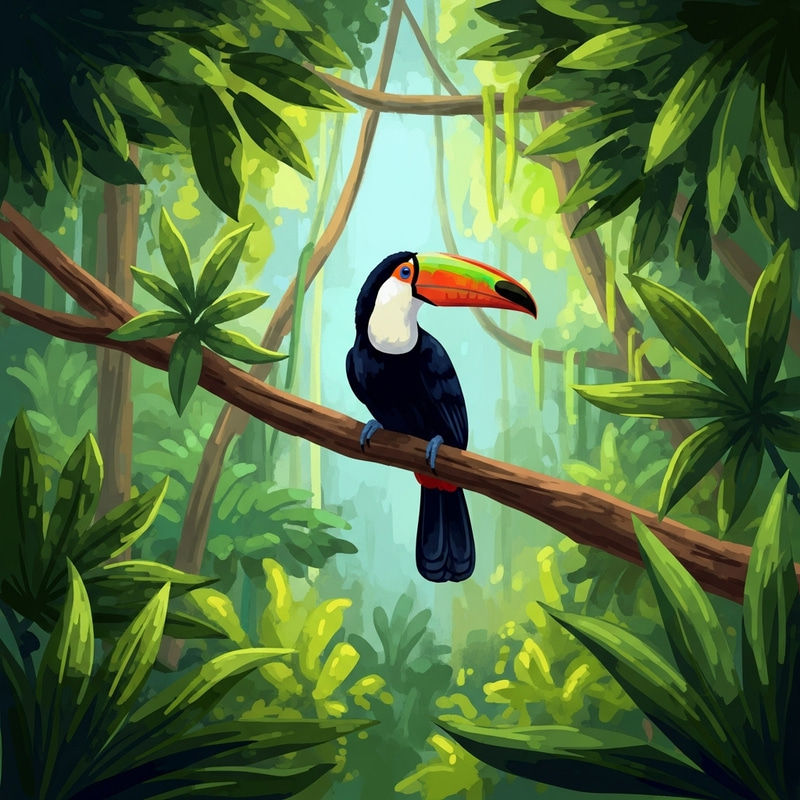 Bold Toco Toucan Illustration in Tropical Rainforest | Vibrant Wildlife Art Bold Toco Toucan Illustration in Tropical Rainforest | Vibrant Wildlife Art