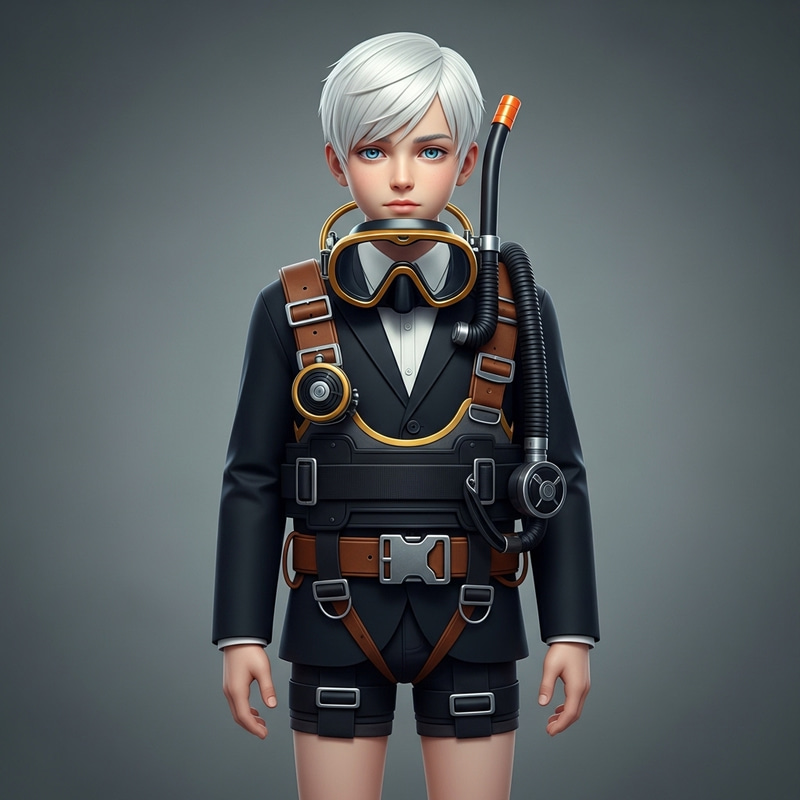Caucasian Boy with White Hair in Black Suit and Diving Gear Caucasian Boy with White Hair in Black Suit and Diving Gear