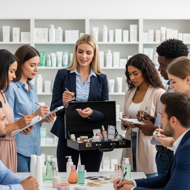 Blonde Saleswoman Demonstrating Beauty Products to Diverse Wholesale Customers Blonde Saleswoman Demonstrating Beauty Products to Diverse Wholesale Customers