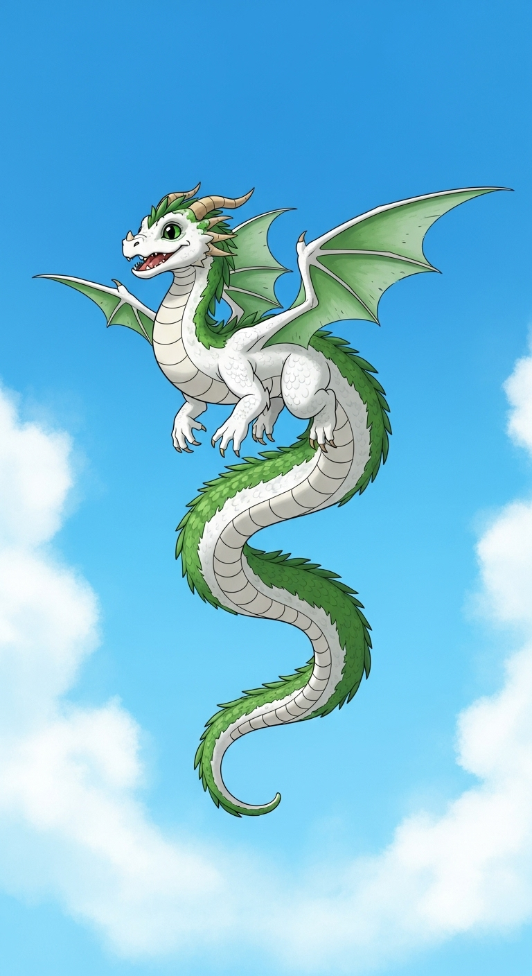 Mythical Green Fur Dragon in Vibrant Blue Sky Mythical Green Fur Dragon in Vibrant Blue Sky