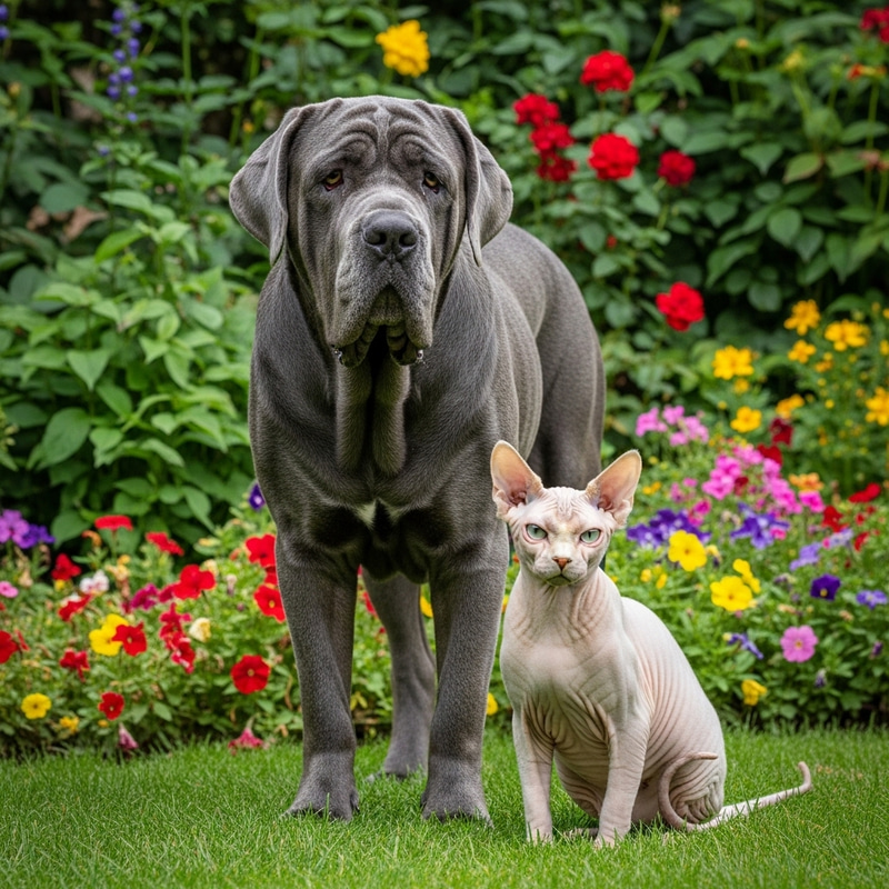 Gray Neapolitan Mastiff next to Pink Canadian Sphinx in Garden