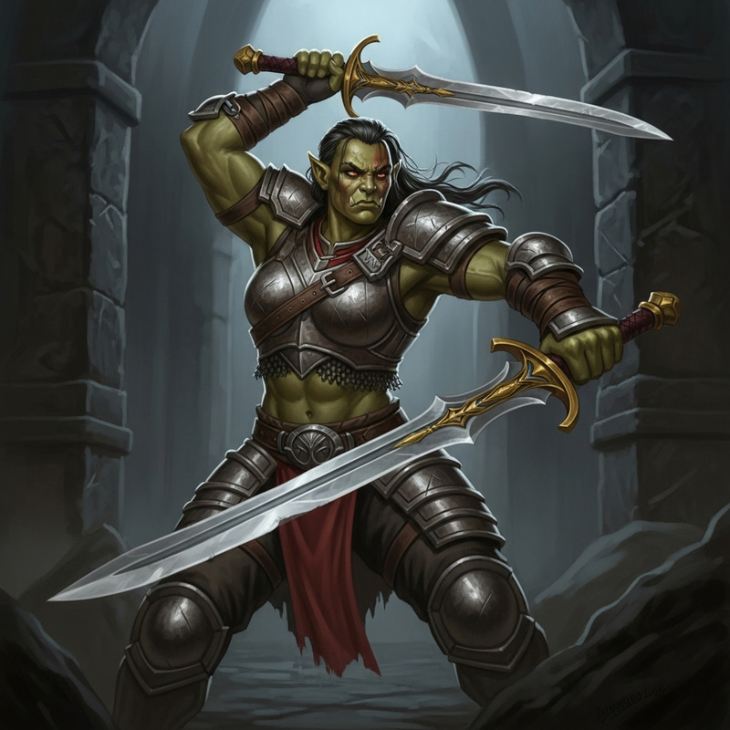 Elegant Double Swords Half-Orc Warrior | DnD 5e Scene