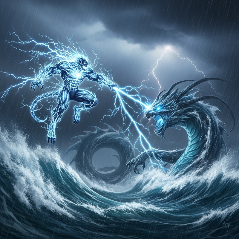 Jolteon Lightning Bolt Clash with Kyogre in Stormy Sea Jolteon Lightning Bolt Clash with Kyogre in Stormy Sea