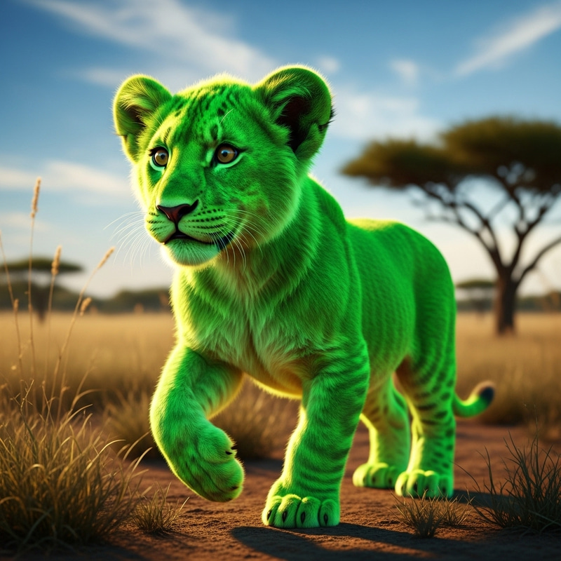 Vibrant Green Baby Male Lion with Majestic Aura Vibrant Green Baby Male Lion with Majestic Aura