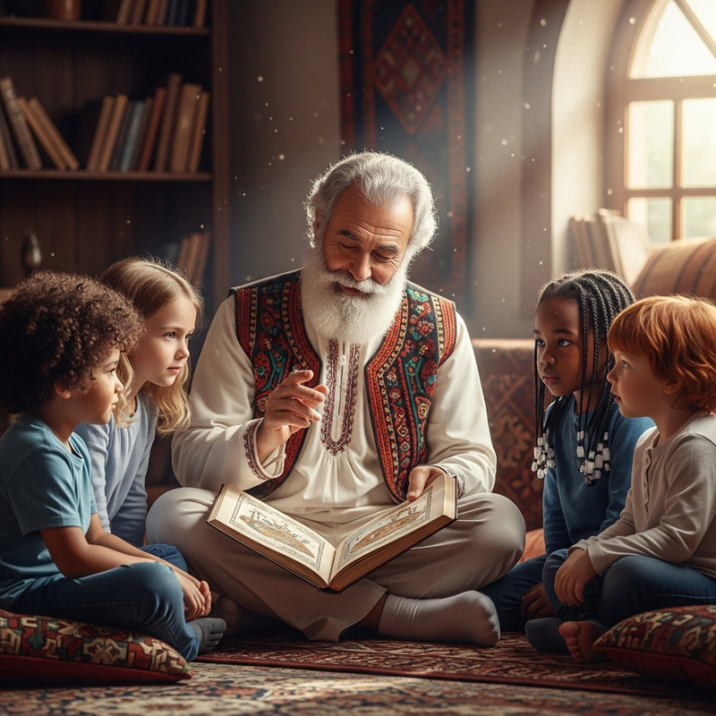 Wise Middle-Eastern Man Reading Fairy Tale to Diverse Children Wise Middle-Eastern Man Reading Fairy Tale to Diverse Children