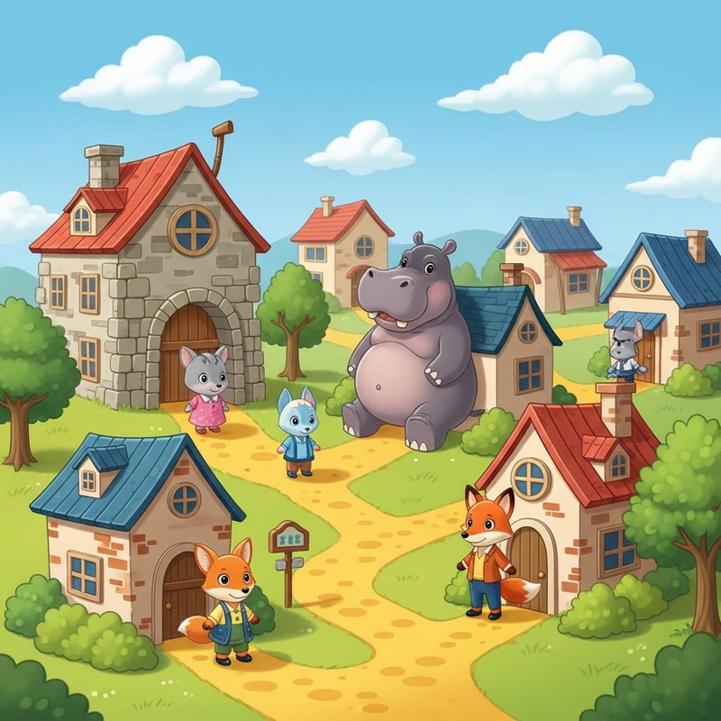 Whimsical Village with Hippopotamus and Fox Whimsical Village with Hippopotamus and Fox