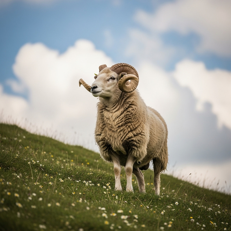 Majestic Ram Grazing on Grass Hillside