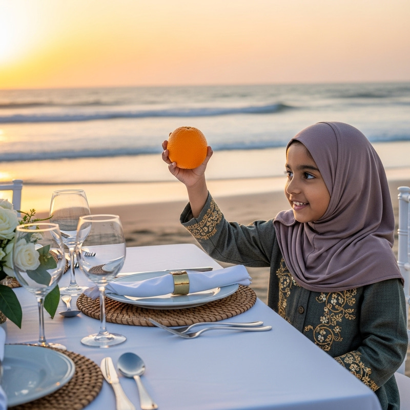 Olivia Muslim Girl at Beach Dinner Table with Orange Olivia Muslim Girl at Beach Dinner Table with Orange