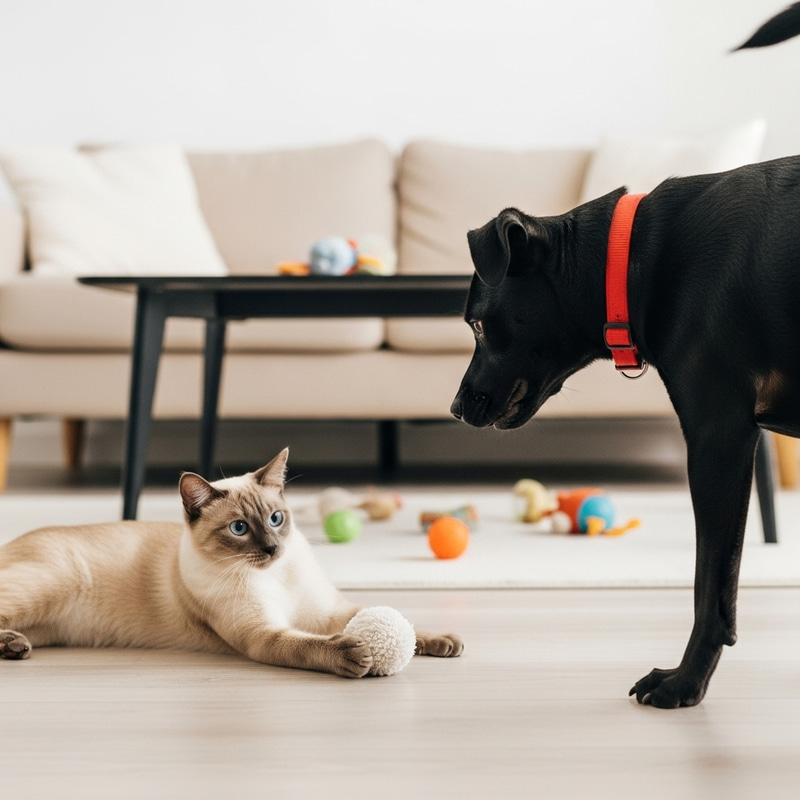 Adorable Cat and Dog in Cozy Home Setting Adorable Cat and Dog in Cozy Home Setting