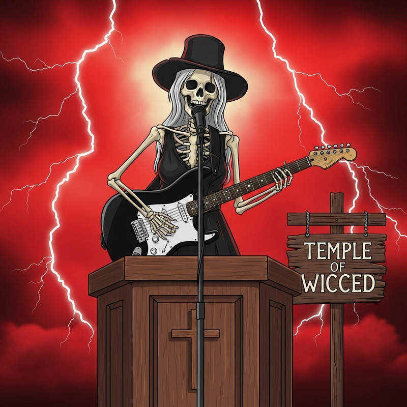 Temple of Wicced: Skeleton Preacher Strumming Black Fender Stratocaster Guitar Temple of Wicced: Skeleton Preacher Strumming Black Fender Stratocaster Guitar