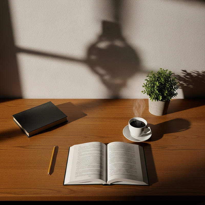 Intriguing Wooden Table Scene with Everyday Objects and Mysterious Silhouette Intriguing Wooden Table Scene with Everyday Objects and Mysterious Silhouette