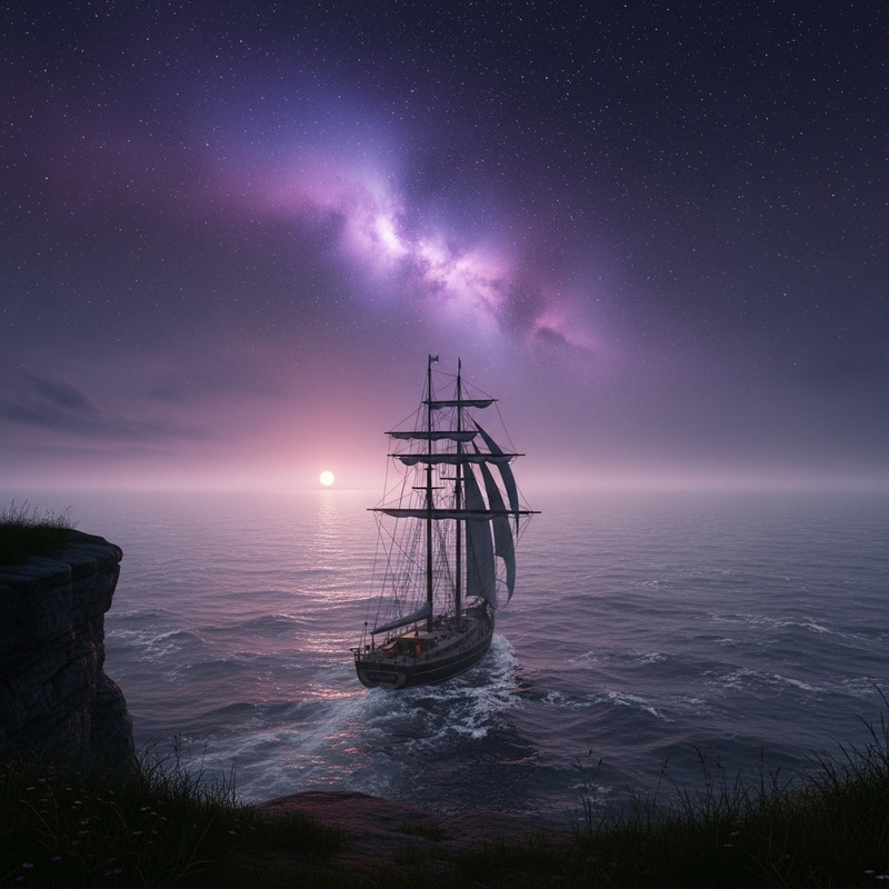 Adventurous Ketch Sailing in Dusk with Nebulae Glow | Sea Exploration Adventurous Ketch Sailing in Dusk with Nebulae Glow | Sea Exploration