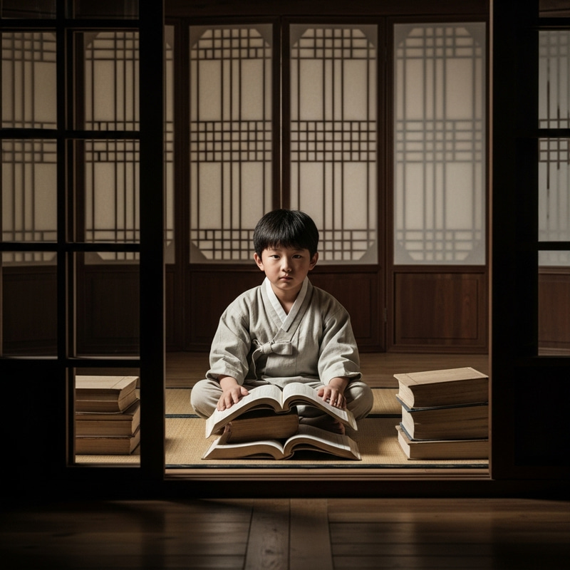 Young East Asian Boy Studying in Traditional Room with Determination Young East Asian Boy Studying in Traditional Room with Determination