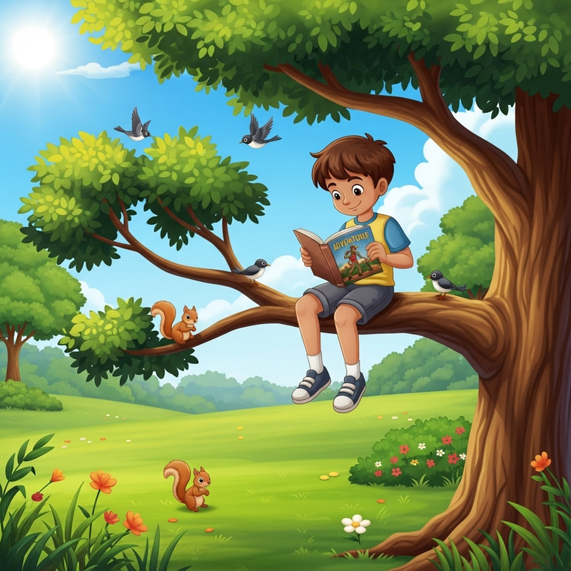 Boy Reading Book Sitting on Tree: A Day of Adventure Boy Reading Book Sitting on Tree: A Day of Adventure