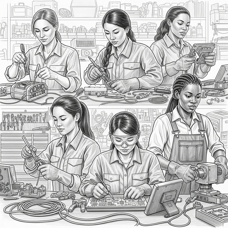 Detailed Pencil Drawing of Women in Maintenance & Repair Detailed Pencil Drawing of Women in Maintenance & Repair