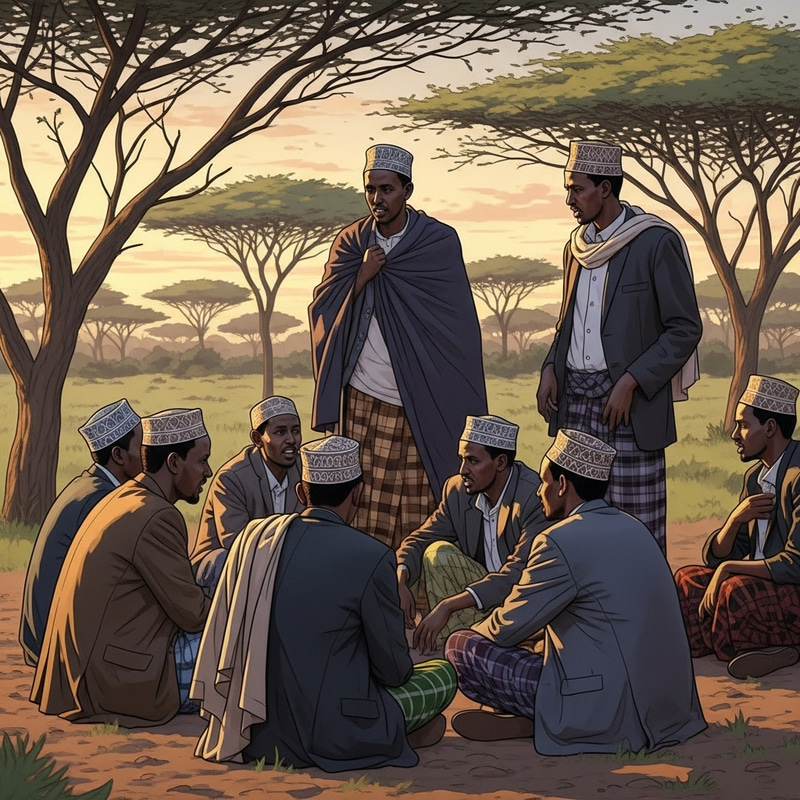 Serene Scene of Somali Men Engaged in Friendly Discussion Outdoors