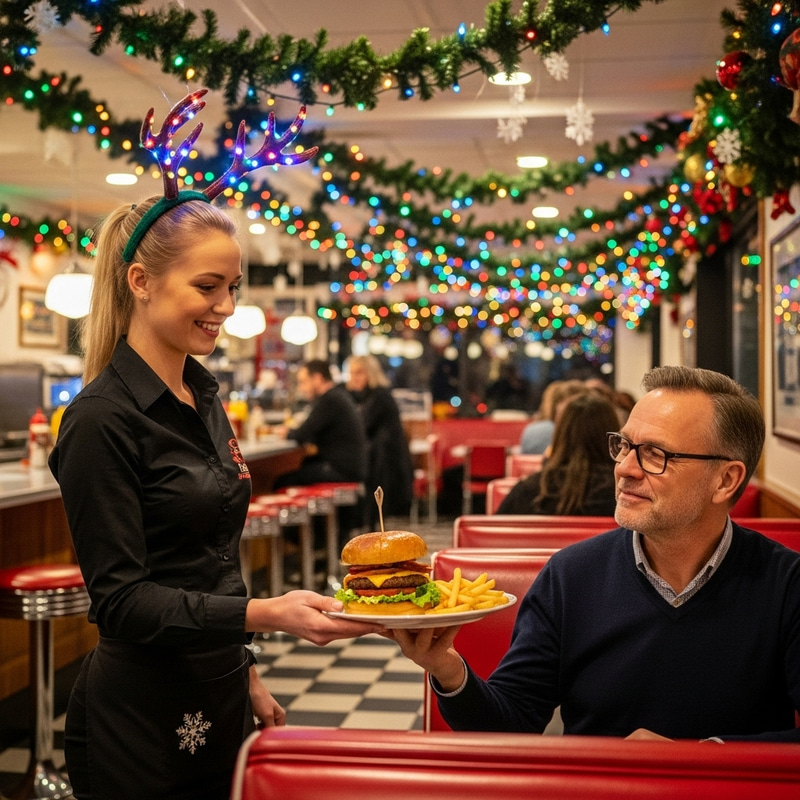 Christmas Fast Food Restaurant with Festive Decor and Antlered Waitress Christmas Fast Food Restaurant with Festive Decor and Antlered Waitress