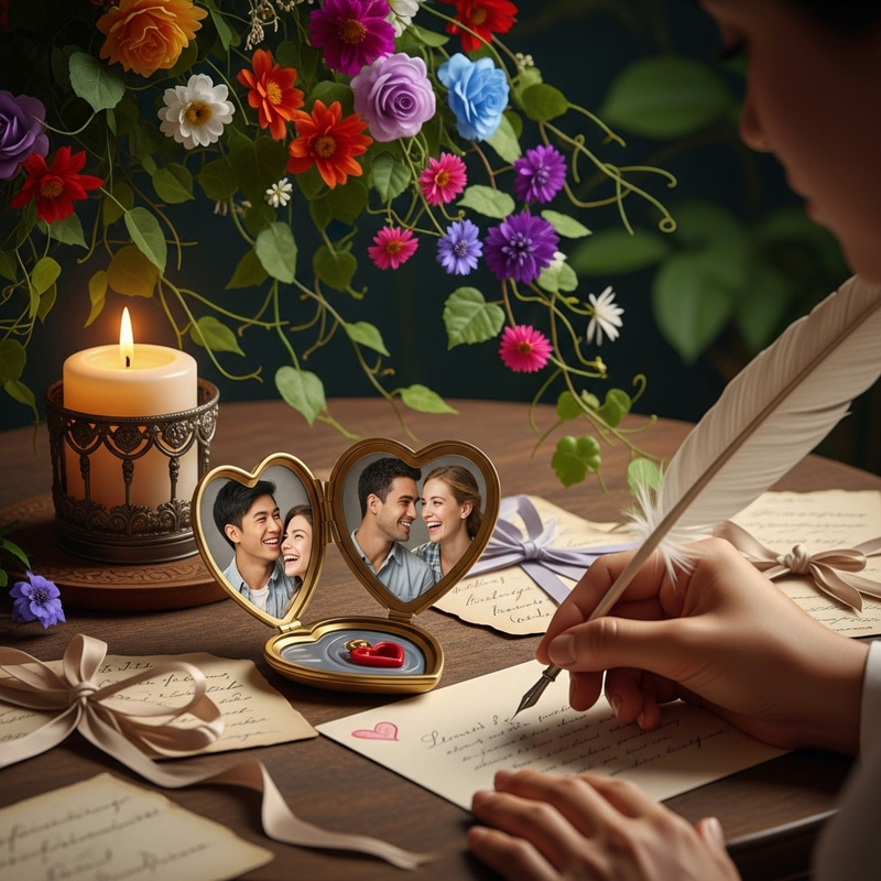 Representative Images of Love: Heart-Shaped Locket on Antique Table Representative Images of Love: Heart-Shaped Locket on Antique Table