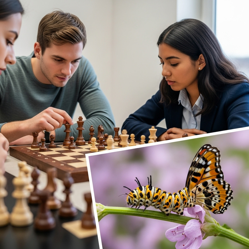 Strategy and Transformation Through Chess Board & Butterfly Imagery