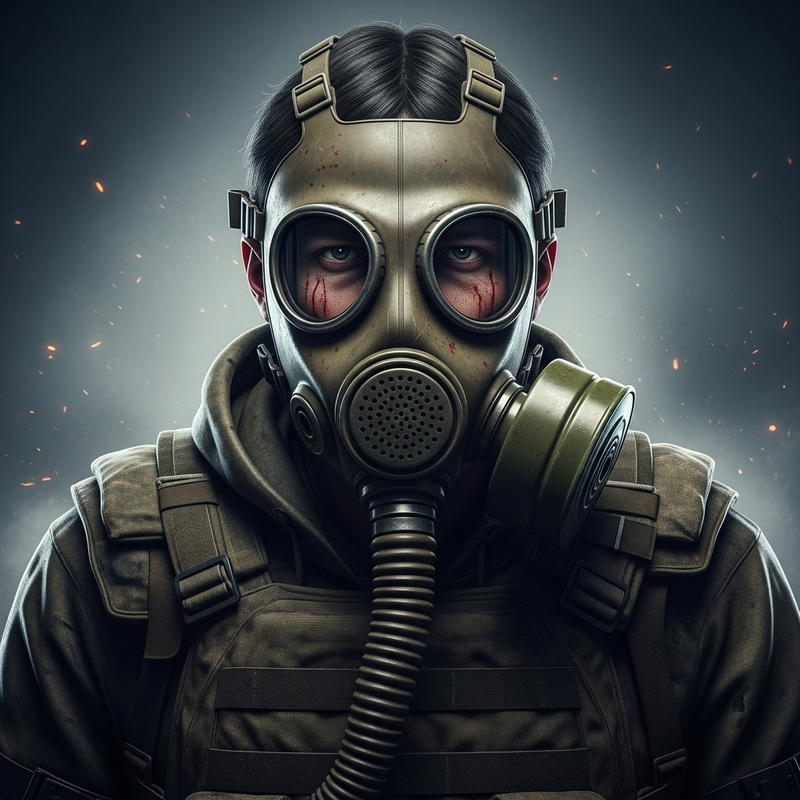 Desperate Fighter in Wartime with Gasmask Desperate Fighter in Wartime with Gasmask