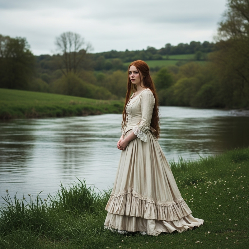 Victorian Era Girl in Silk Fairy Dress by the River Victorian Era Girl in Silk Fairy Dress by the River