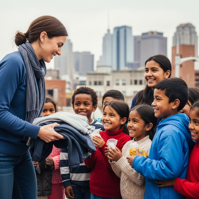Social Worker Providing Food and Clothes to Happy Underprivileged Children