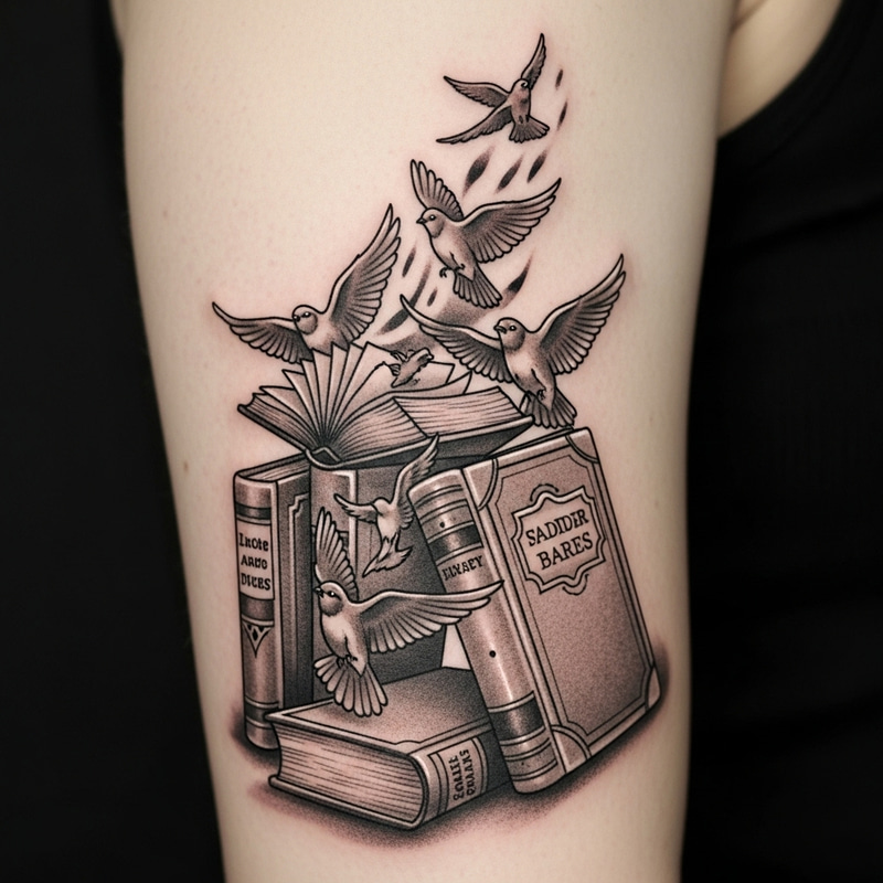 Books Tattoo with Birds | Classic Symbol of Wisdom & Freedom