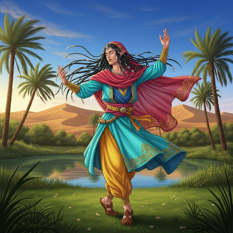 Dancing Elf in Desert Oasis | Enchanting Imagery