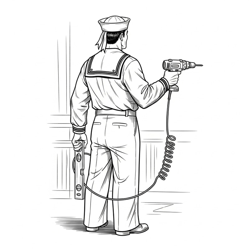 Detailed Sailor Line Art with Construction Tools Detailed Sailor Line Art with Construction Tools