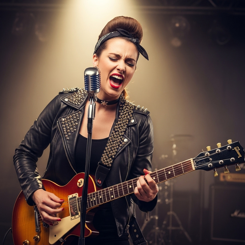 Energetic Rockabilly Woman Playing Guitar & Singing